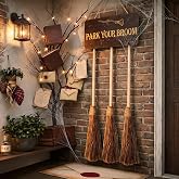 Preboun Halloween Decoration Witches Brooms Parking Sign Set | 3 Wooden Witch Broom, Park Your Broom Sign, Halloween Front Porch Outdoor Decor, Magic Theme Party Decor, Easy to Assemble