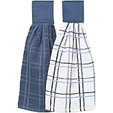 Ritz Premium 100% Cotton Solid and Multi Check Kitchen Tie Towel, Absorbent, Super Soft, and Fast Drying Hang Towel, Set of Two, Federal Blue, Solid & Checked - 2 Piece
