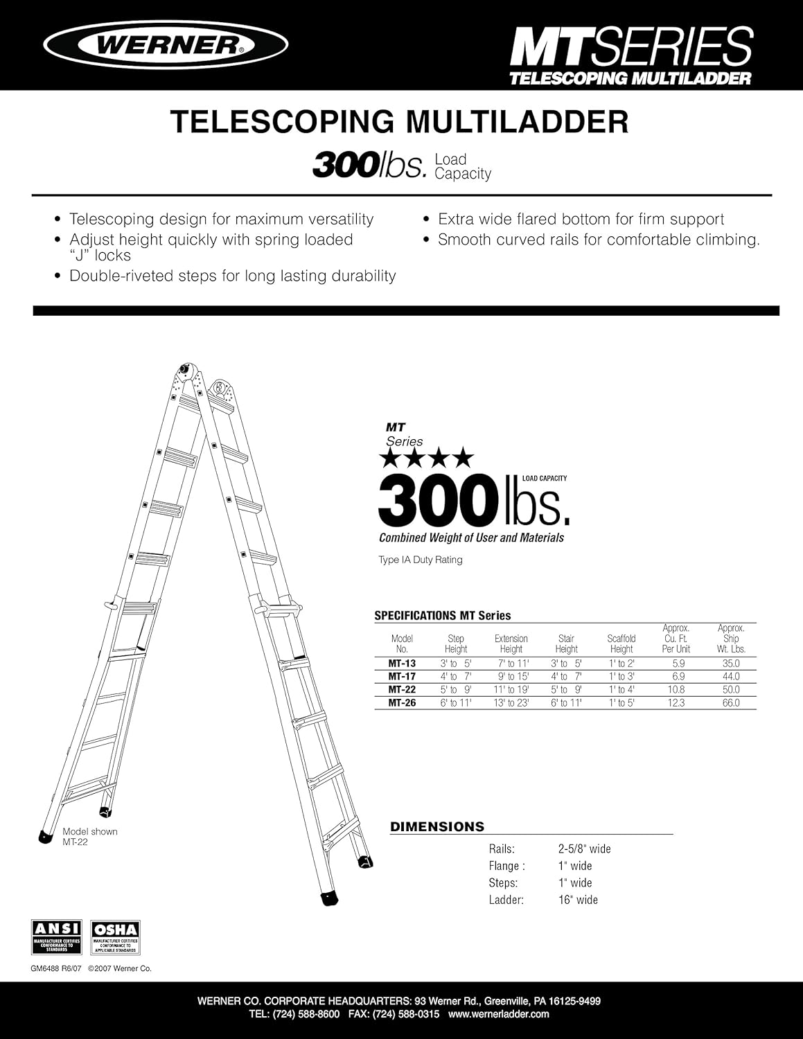 Werner USA MT Series Model 22 5ft to 20ft Aluminium multi ladder 1