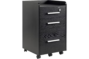 HOMCOM 3 Drawer File Cabinet with Lock and Edged Top, Lockable Filing Cabinet on Wheels for Letter and A4 Size, Black