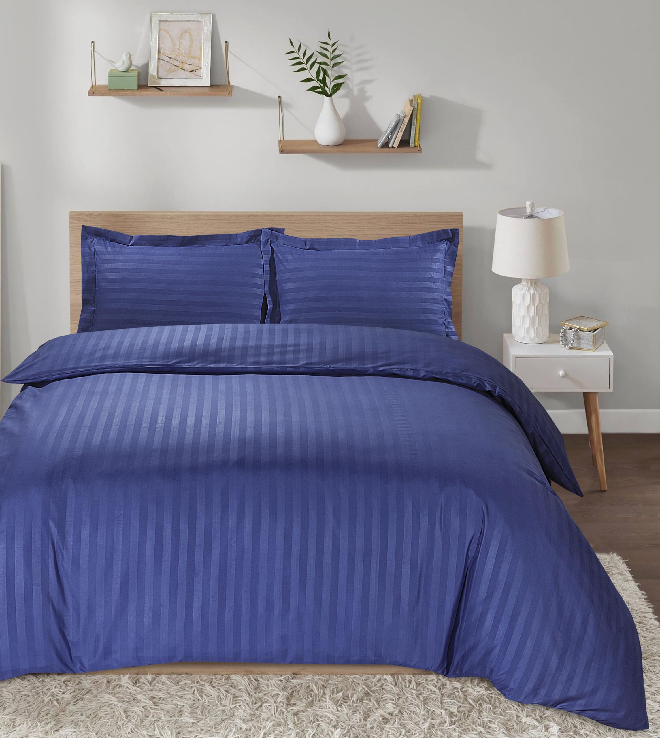 Casabella Satin Stripe Duvet Cover Sets - Luxurious King Navy Bedding with Satin Stripes, Hotel Quality King Size Duvet & Pillowcases