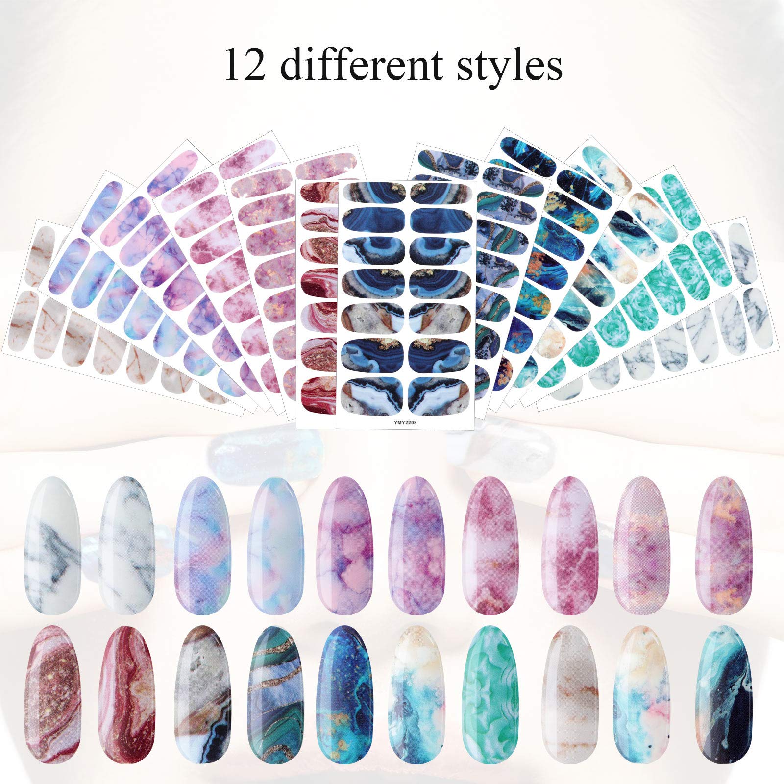Maitys 168 Pcs 12 Sheets Full Wrap Nail Stickers Polish Strips Gradient Stickers Glitter Self Adhesive DIY Gel Nail Strips Decals with 1 Pcs Fingernail Files for Holiday Decor(Chic Style) - Image 4