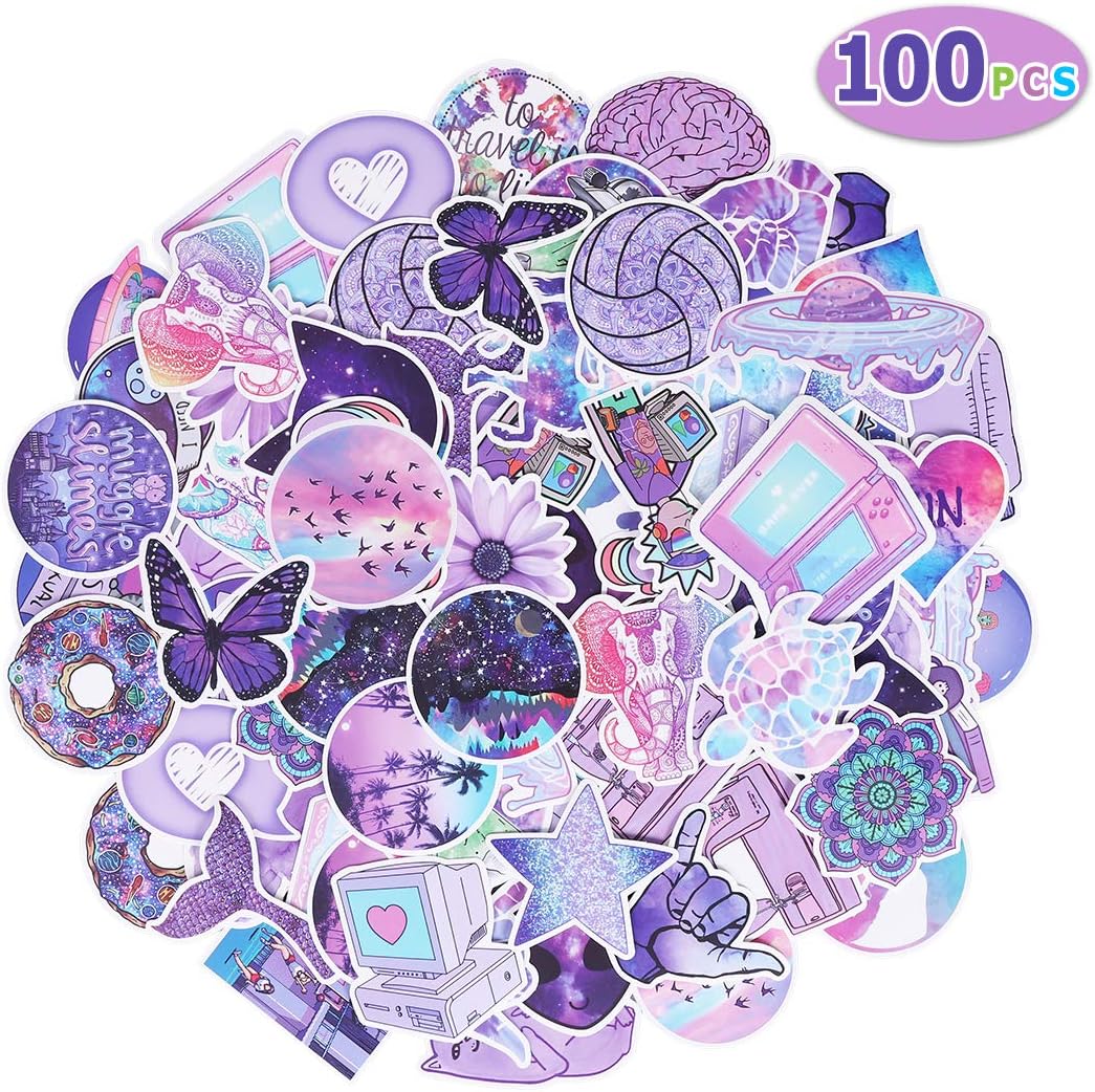 Max Fun Waterproof Stickers Packs for Kids Party Favors Water Bottle Laptop Envelopes Gifts Tags Crafts Windows Phone Luggage Snowboard(Pack of 100) (Purple)