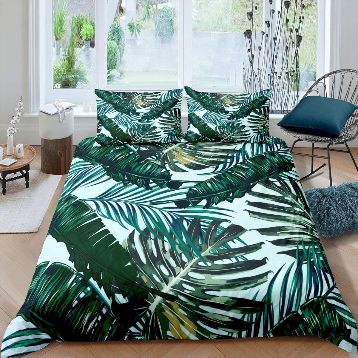 Homemissing Tropical Leaves Duvet Cover Set Botanical Leaf Print Bedding Set for Kids Boys Girls Plant Green Comforter Cover Botanical Branches Decor Quilt Cover 2Pcs Single