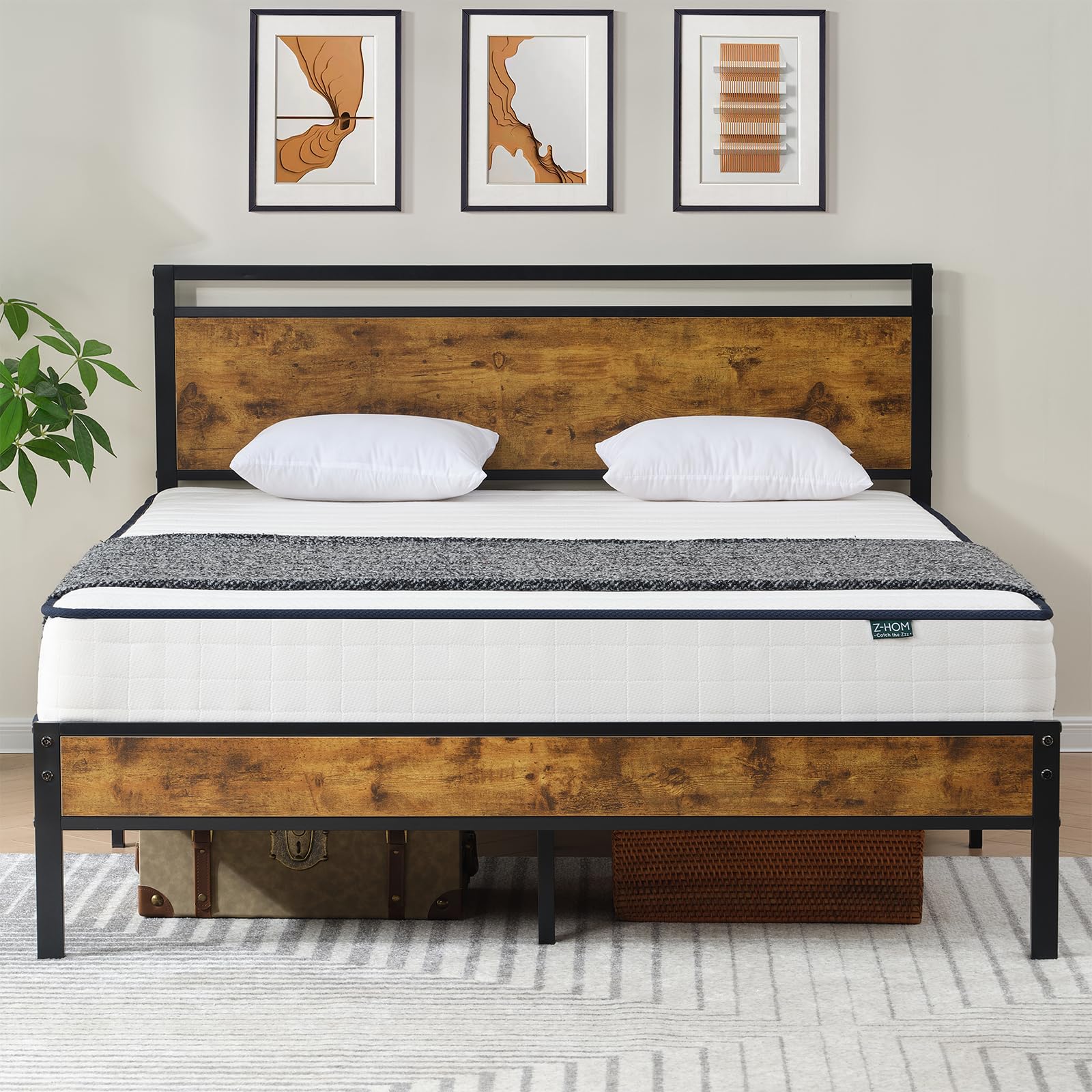 Z-hom Queen Bed Frame with Modern Wood Headboard