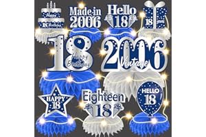 Bumqviy 9Pcs Happy 18th Birthday Honeycomb Decorations with String Lights for Boys Men, Blue Silver 18th Table Centerpieces Party Supplies, Made in 2006 Eighteen Year Old Birthday Table Toppers Sign