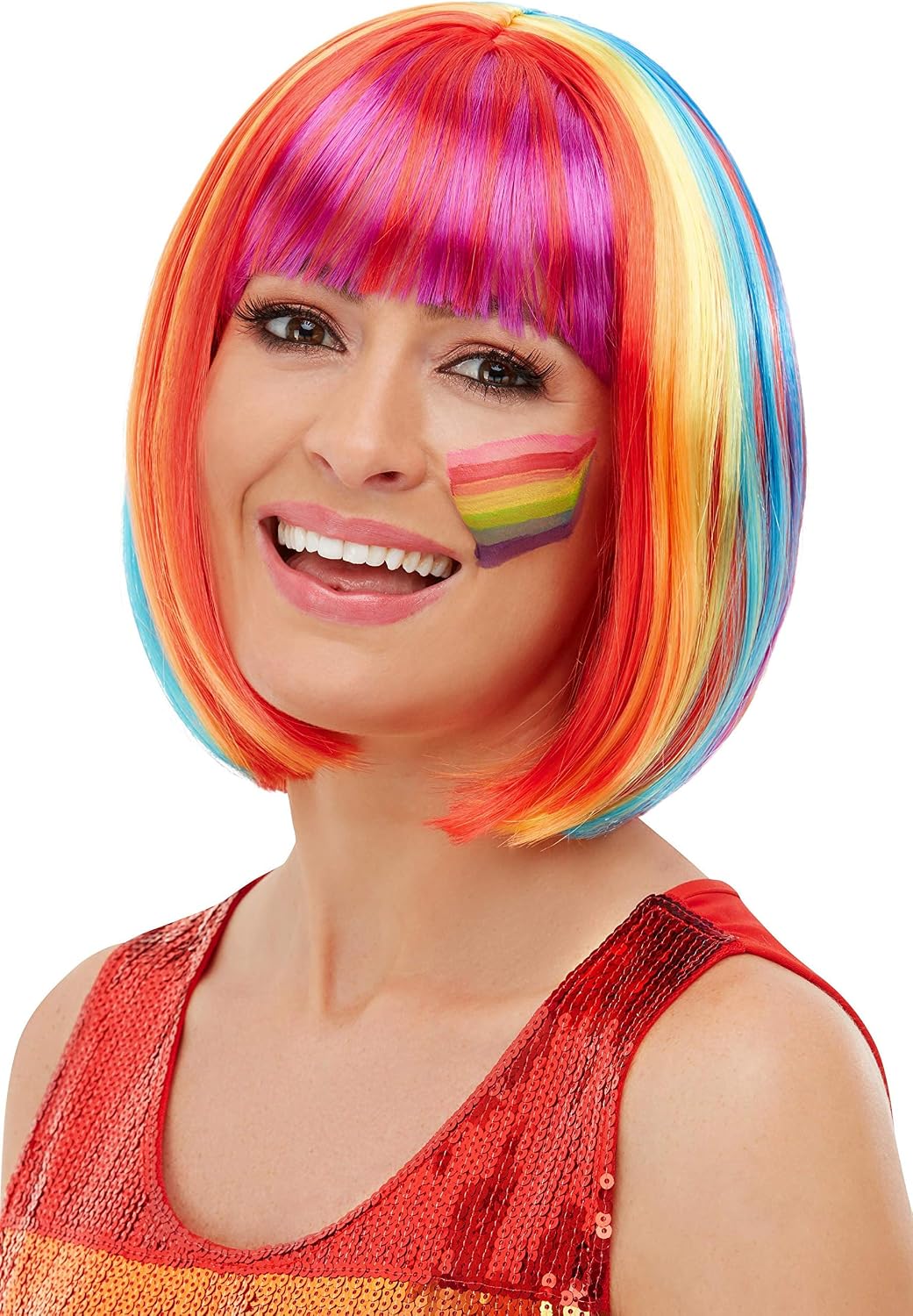 Smiffys Rainbow Bob Wig, Multi-Coloured, Rainbow/Gay Pride Items Fancy Dress, Adult Dress Up Wigs Halloween