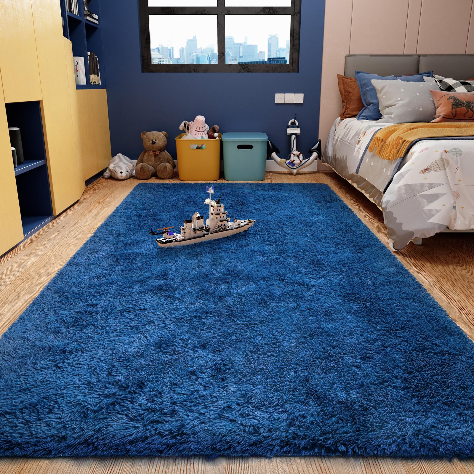 Ophanie Upgrade 4x6 Blue Rugs for Bedroom, Dark Blue Fluffy Shaggy Soft ...