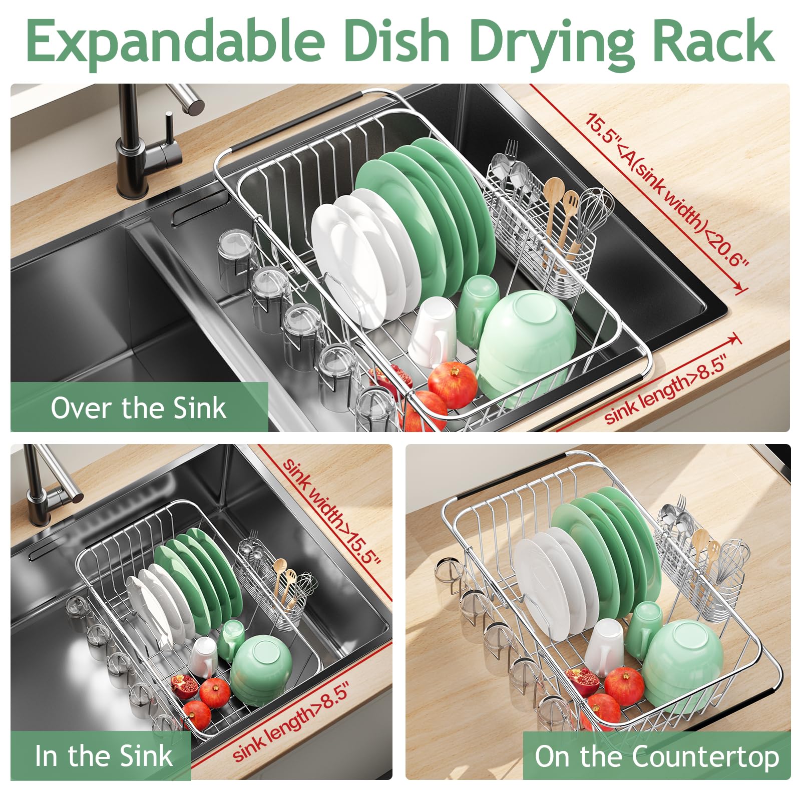 Small Dish Drying Rack in Sink, Extendable Stainless Steel Dish Drainers for Kitchen Counter, Anti-Rust Dish Dryer Rack with Utensil & Cup Holders, for Inside Sink, Over The Sink(for 1-2 People)