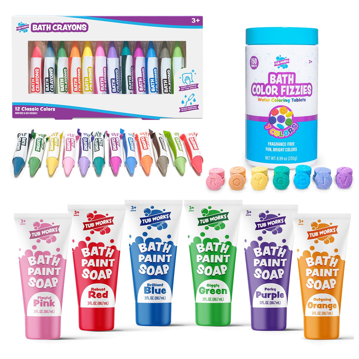 Tub Works® My Colorful Bath™ Kids Bath Set | Nontoxic | Fizzy Bath Color Tablets (150 Count), Smooth™ Bath Crayons (12 Pack) & Bath Paint Soap (6 Pack) | Creative Bath Toys for Toddlers & Kids