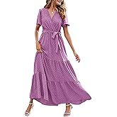 MASCOMODA Womens Summer Swiss Dot Maxi Dressses Wrap V Neck Flutter Short Sleeve Boho Casual Flowy Long Wedding Guest Dress