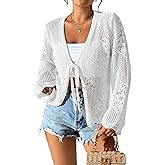Urchics Womens Casual Cardigan Summer Beach Long Sleeve Hollow Out Tie-Front Crochet Cardigan