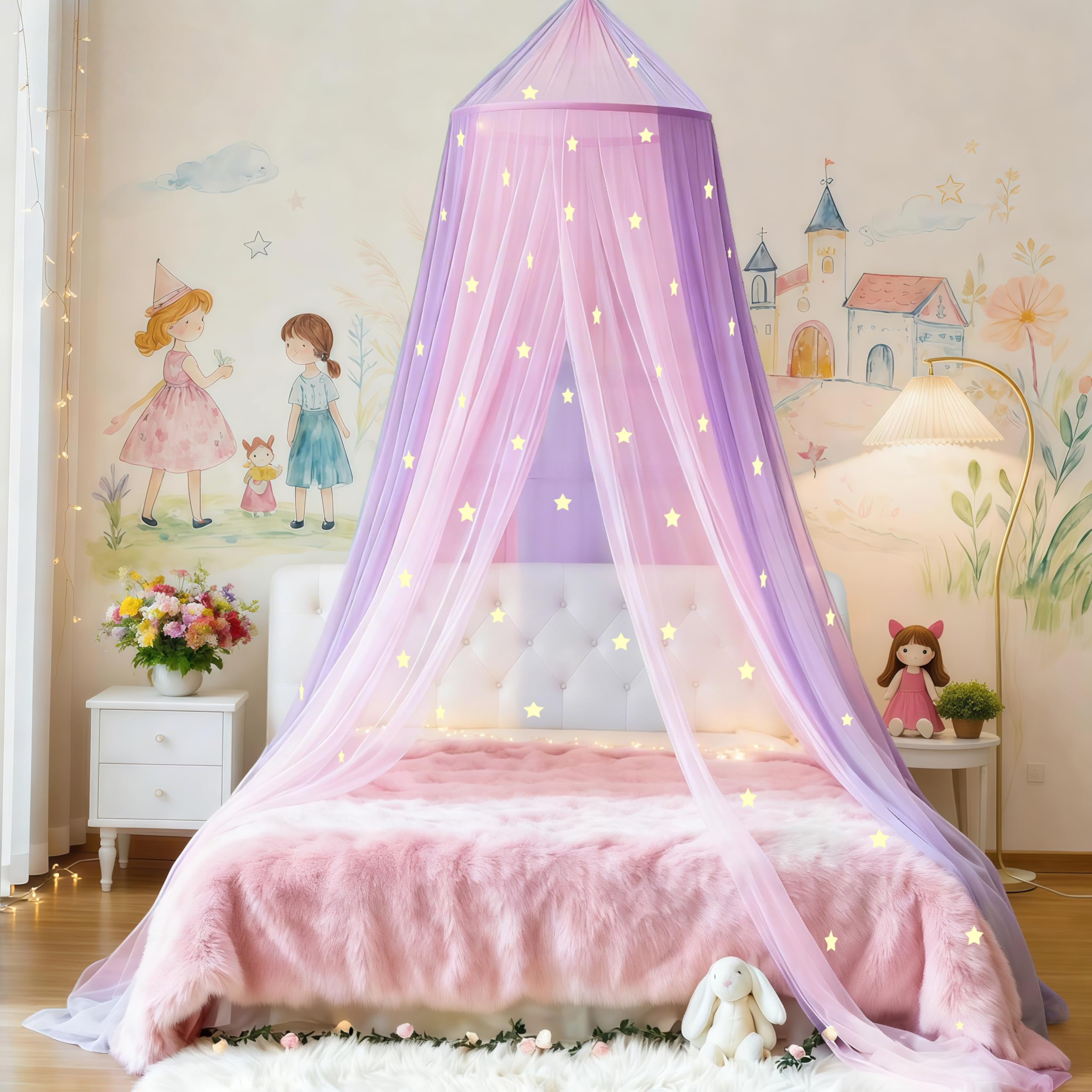 Eimilaly Two-tone Bed Canopy Stars Glow in the Dark Pink Purple, Mosquito Net Bed Canopy for Girls Room Decor, Single Door