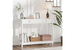 Treocho Oxford Design Console Table with Drawer and Storage Shelves, Foyer Sofa Table Narrow for Entryway, Living Room, Hallway, White