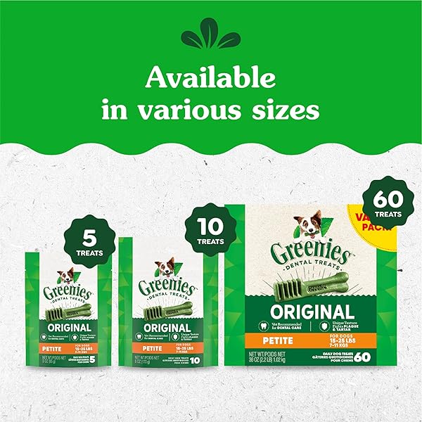 GREENIES VETERINARIAN-RECOMMENDED ADULT NATURAL DENTAL DOG TREATS PETITE SIZE, DOG DENTAL CHEWS, ORIGINAL FLAVOR, 3 OZ. PACK, 5 COUNT