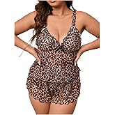 OYOANGLE Women's Plus Size Cheetah Pajama Set V Neck Leopard Sheer Cami Shorts Pjs Sleepwear