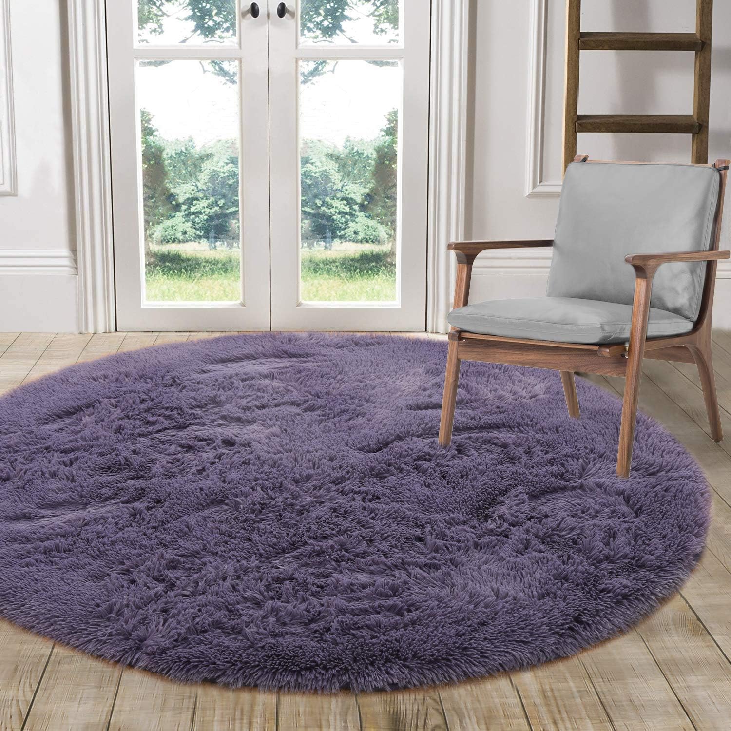 LOCHAS Luxury Round Fluffy Area Rugs for Bedroom Kids Nursery Rug Super Soft Living Room Home Shaggy Carpet 4-Feet, Grey Purple