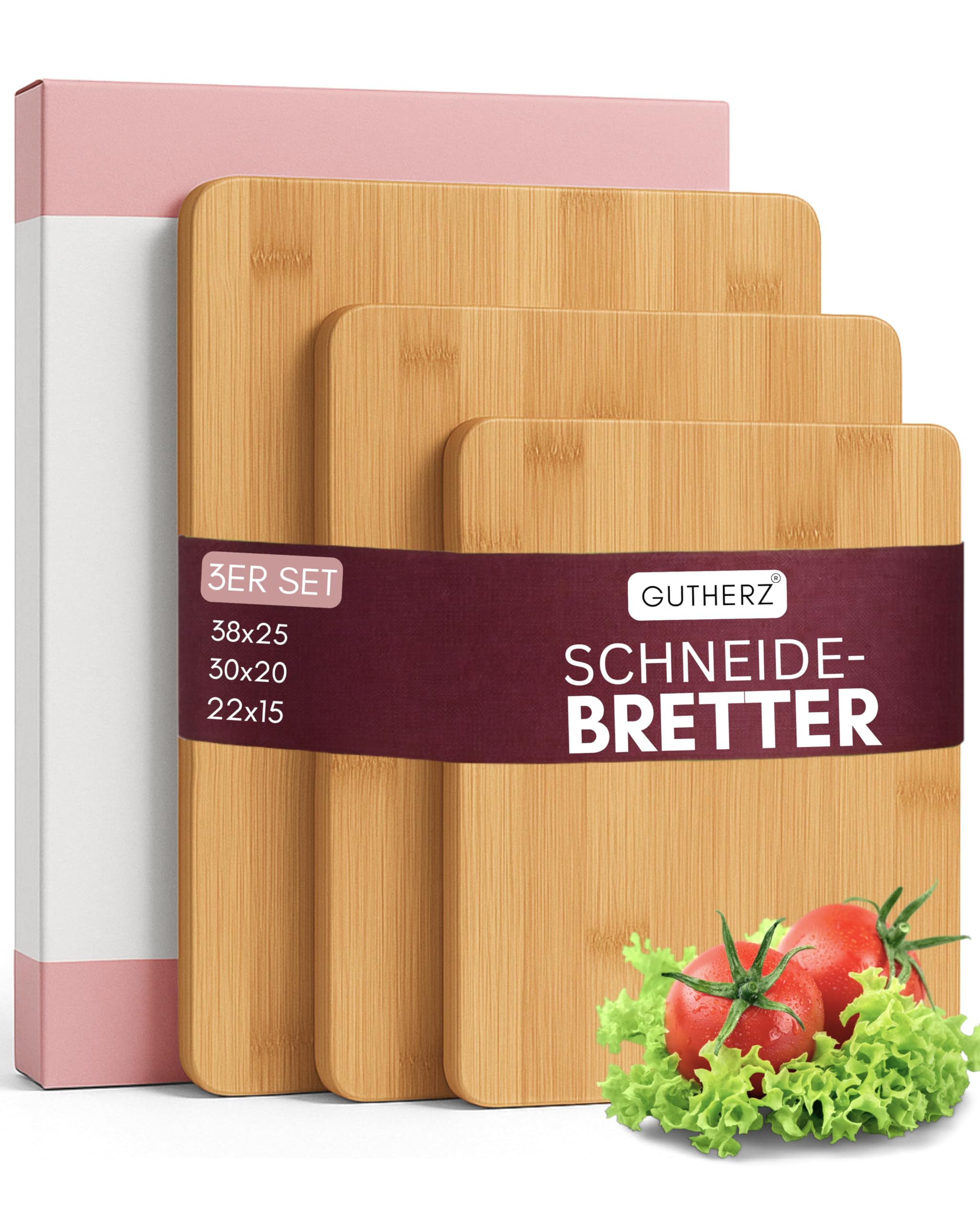 Gutherz® Bambus Schneidebrett aus Holz - 3er Set- Natürlich- ohne Lack | Antibakteriell | 38x25 / 30x20/ 22x15 | Vorgeölt- Sofort Einsatzbereit, Langlebig & Messerfreundlich| Holzbrett 1,5 cm Dick