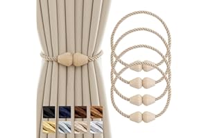 Contoeey Curtain Tiebacks Wooden Magnetic Curtain Tie Backs Boho 4 Pack Rope Curtain Holders for Drapes Handmade Window Curtain Holdbacks, Beige