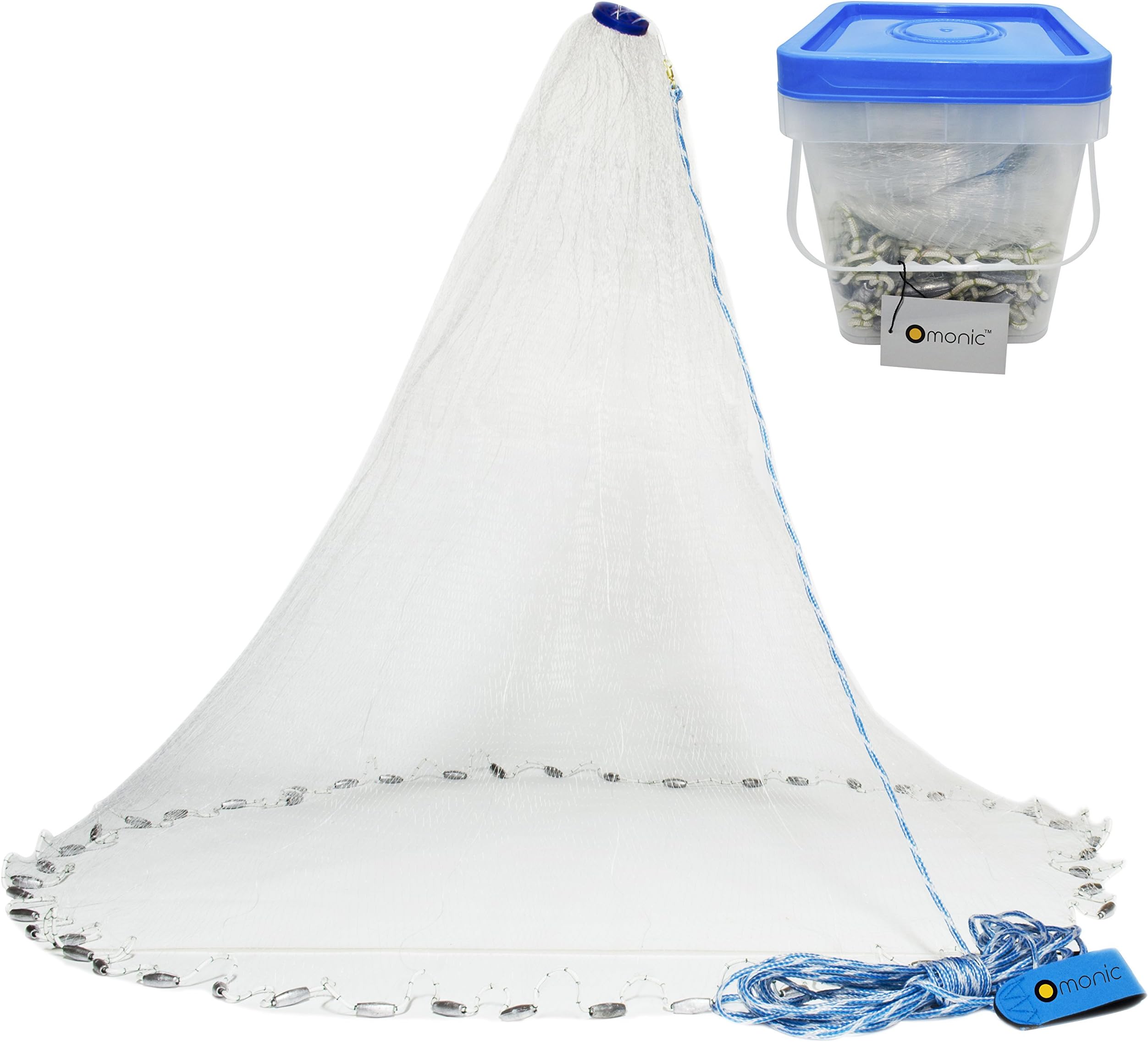 Omonic Handmade American Style Saltwater Fishing Cast Net for Bait Trap Fish with Heavy Duty Real Lead Weights and 40 Feet Handline 3/8inch Mesh Size 4ft 6ft 8ft 10ft 12ft Radius