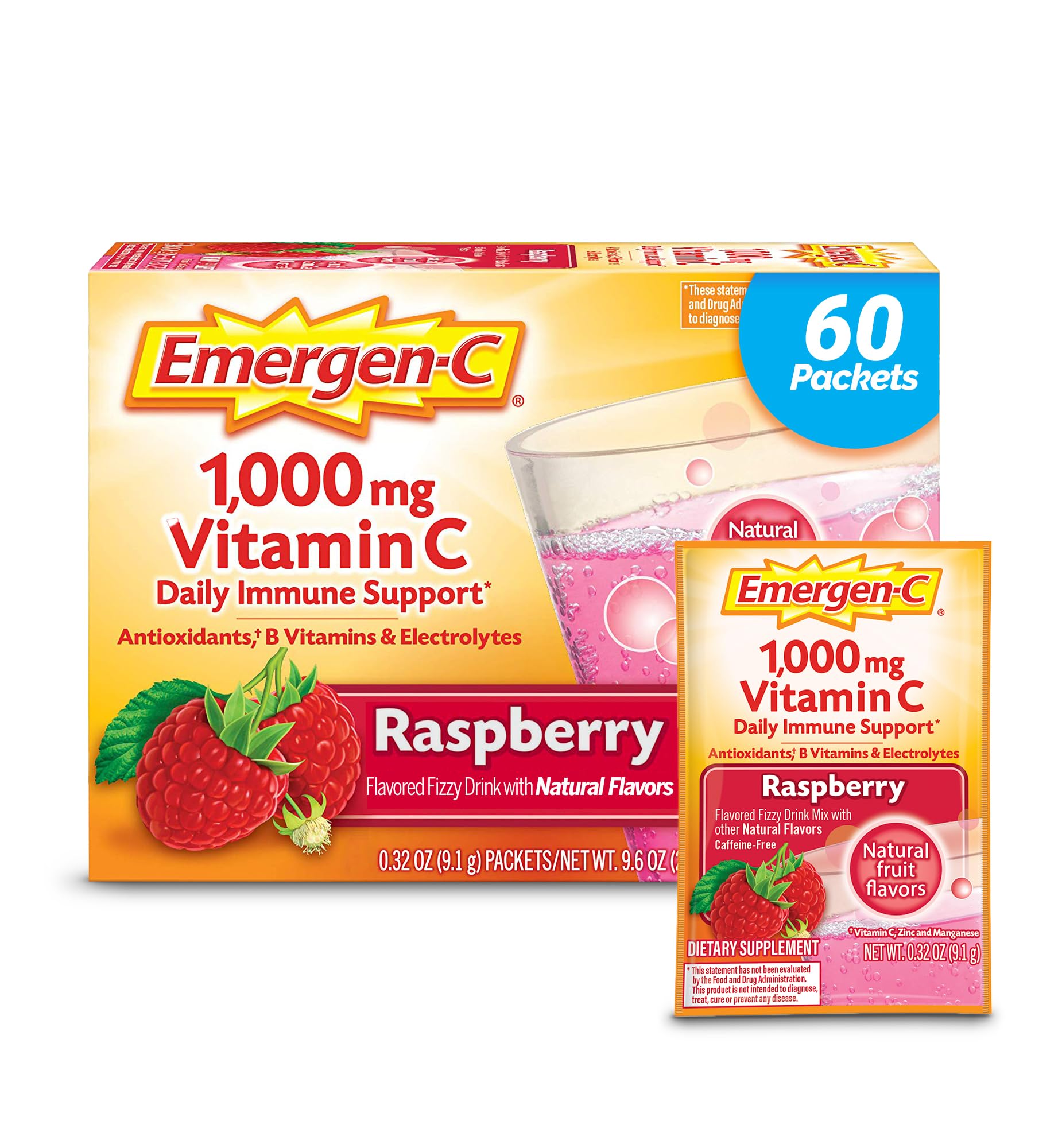 Emergen-C 1000mg Vitamin C Powder, with Antioxidants, B Vitamins and Electrolytes, Vitamin C Supplements for Immune Support, Caffeine Free Drink Mix, Raspberry Flavor - 60 Count/2 Month Supply