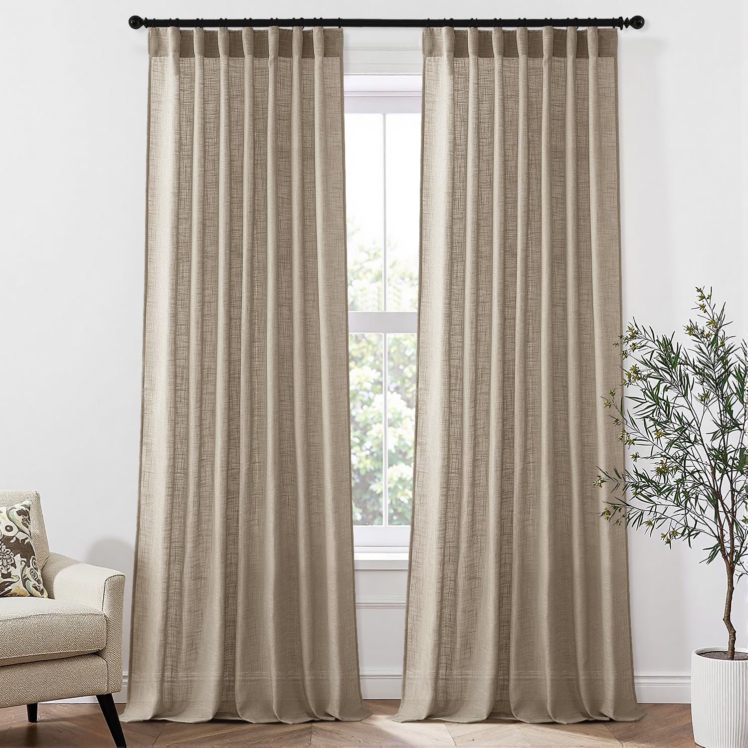 Photo 1 of MIULEE Taupe Linen Curtains 96 Inch Length 2 Panels for Bedroom Living Room, Back Tab & Hook Belt Pleated Soft Thick Linen Textured Window Drapes Semi Sheer Light Filtering Farmhouse Burlap Look Decor