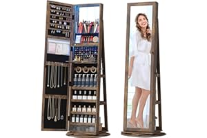 Dystler Mirror Jewelry Cabinet with Storage, Jewelry Armoire with Full Length Mirror, 360° Swivel & LED lights Standing Jewelry Holder Organizer with Rear Storage Shelves, Lockable - Rustic Wood