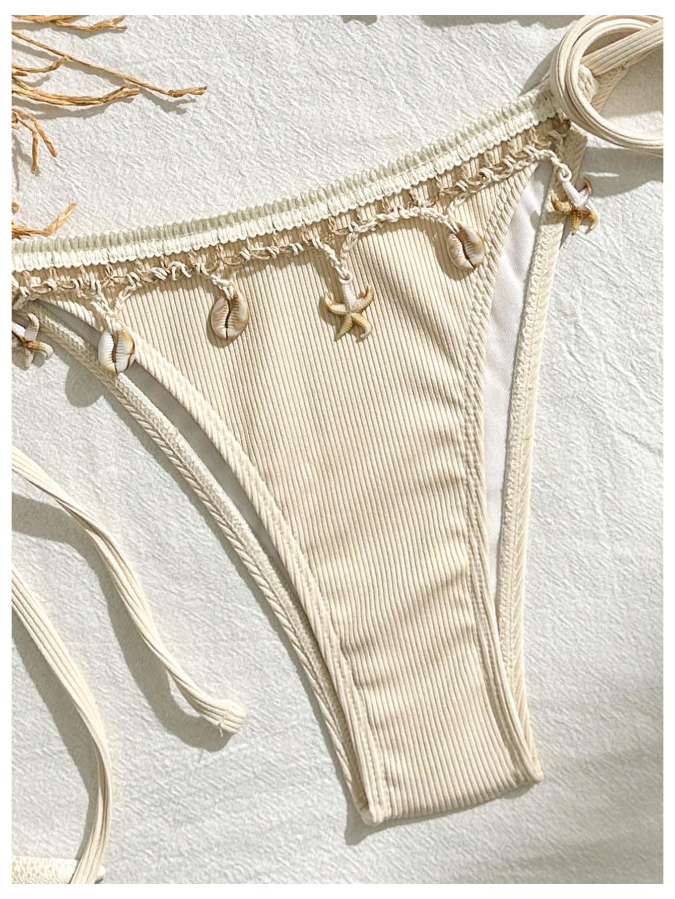 Verdusa Women's 2 Piece Halter Triangle Bathing Suit Ribbed Bikini Swimsuits Beige Medium - Image 4