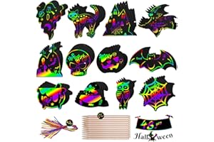 GENUVI Halloween Craft Scratch Paper for Kids - 48 PCS Party Favors Magic Rainbow Scratch Off Paper Crafts Arts Kits for Halloween Party Games Supplies Halloween Treats Gifts Toys Classroom Prizes Boys Girls