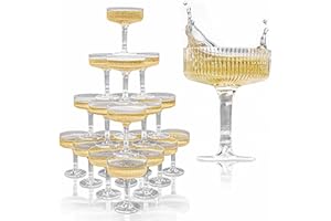 Acrylic Champagne Tower - 7oz. Set of 20 Plastic Coupe Glasses - Vintage Art Deco Style for Weddings & Parties - Hosting Esse