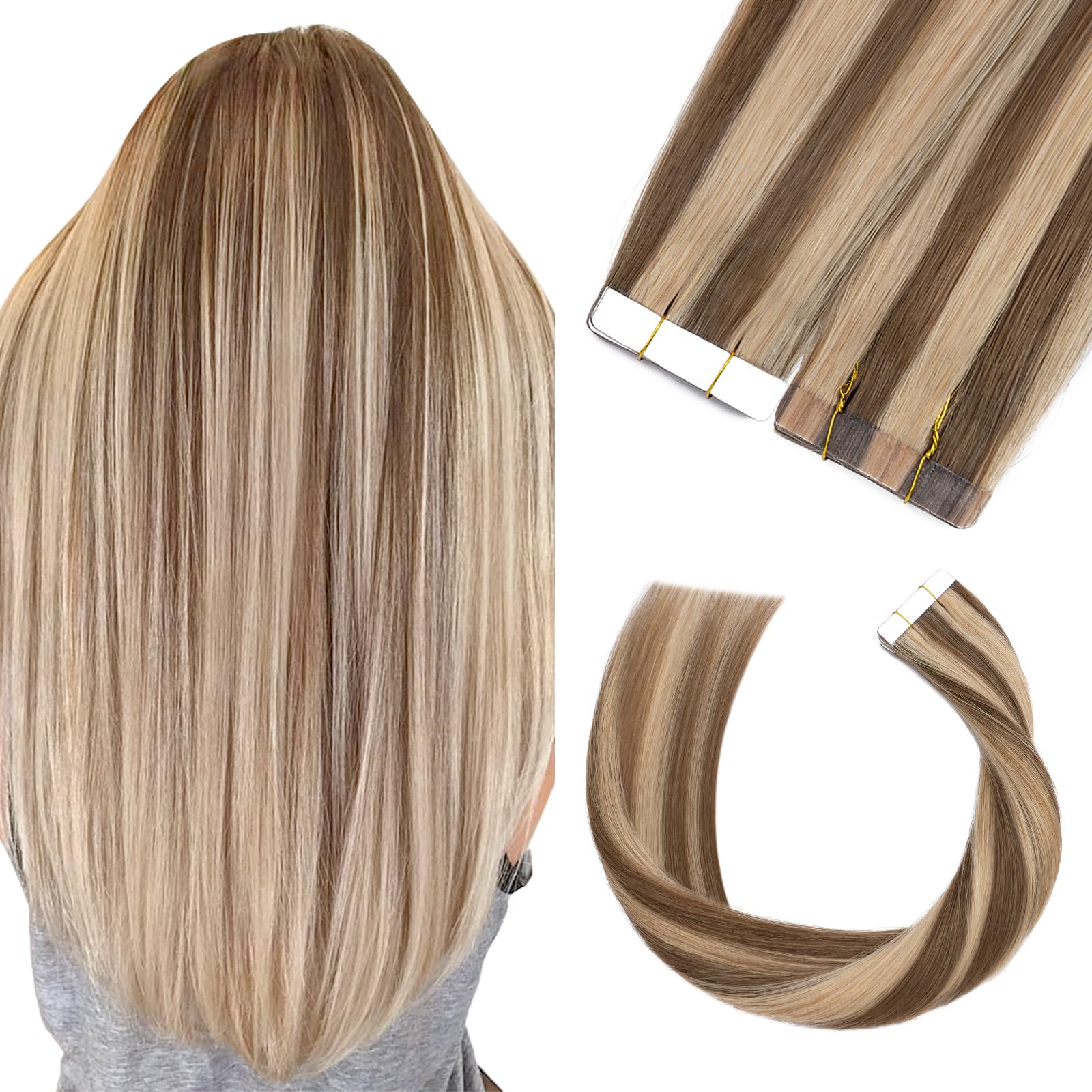 24inches Tape in Hair Extensions Balayage #04/27 Medium Brown&Dark Blonde Seamless Straight Skin Weft (20pcs 50g) — image 1