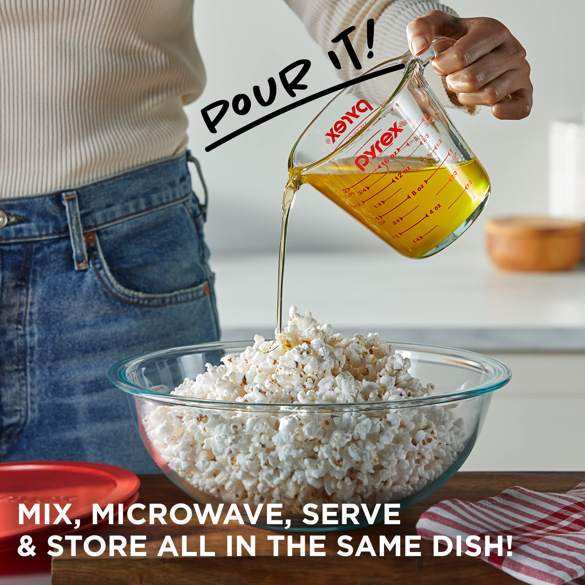 Pyrex Smart Essentials 3-Piece Glass Prep Set, 4-QT Glass Mixing Bowl with lid and 2-Cup Measuring Cup, Dishwasher, Microwave and Freezer Safe, Essential Kitchen Tools