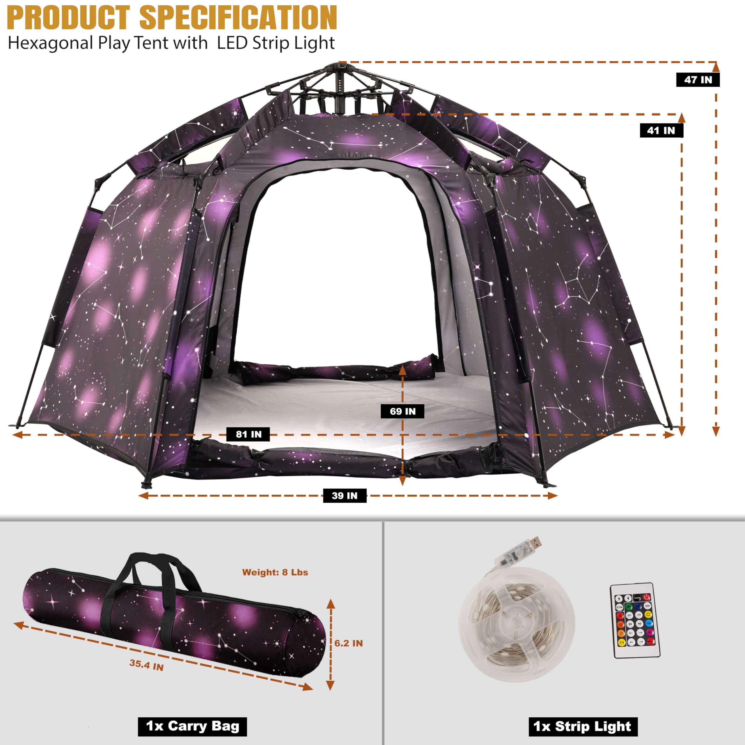 Portable Hexagon Kids Play Tent with LED Strip Lights Indoor Children Play House Easy Set-up Space Dream Tent for Night.4-5 Person Large Tents & Birthday Gifts