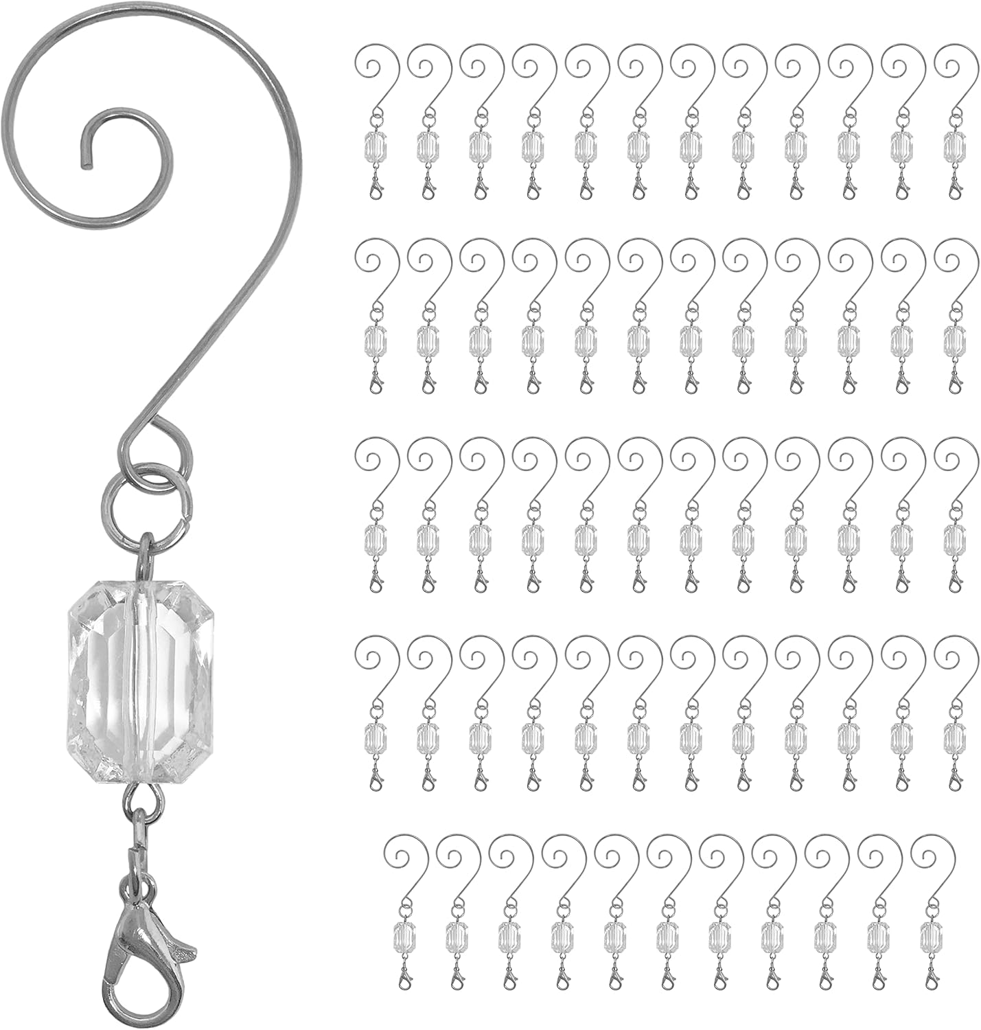 Ornament Hooks - BANBERRY DESIGNS Christmas Ornament Hooks - Clear Acrylic Gem Style Beads with Silver Wire Ornament Hooks and Lobster Claws - Pack of 60 - Decorative Hook Assortment