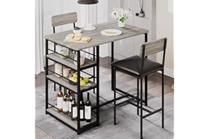 GAOMON 3-Piece Bar Table Set with 2 Upholstered Stools, Space-Saving Counter Height Dining Set with 3-Tier Storage Shelves,Sturdy Steel Frame, Easy Assembly for Small Kitchens, Retro Grey