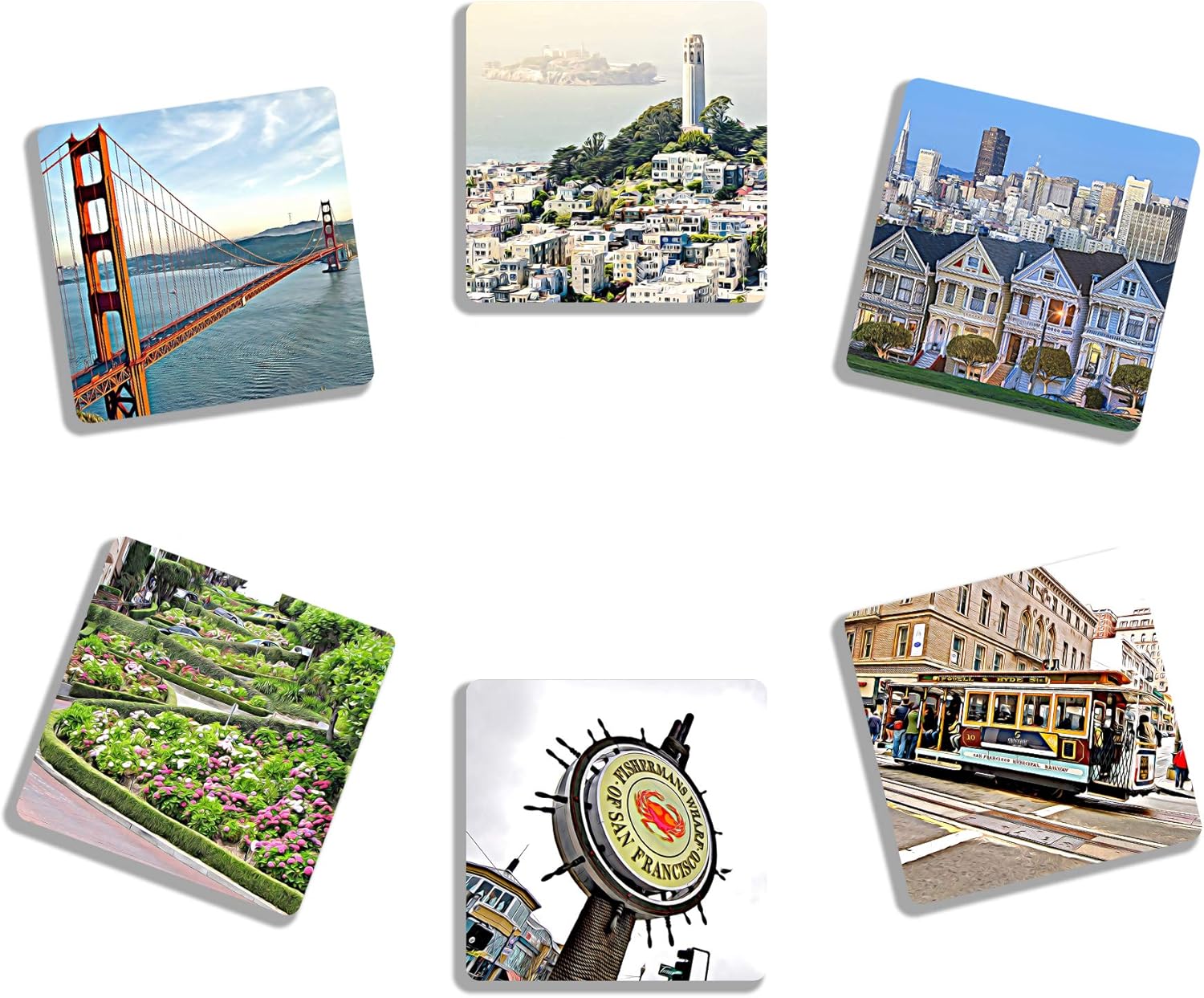 EXIT82ART - Rubber Drink Coasters (Set of 6). Iconic San Francisco Bay Area. Absorbent. Dishwasher Safe.