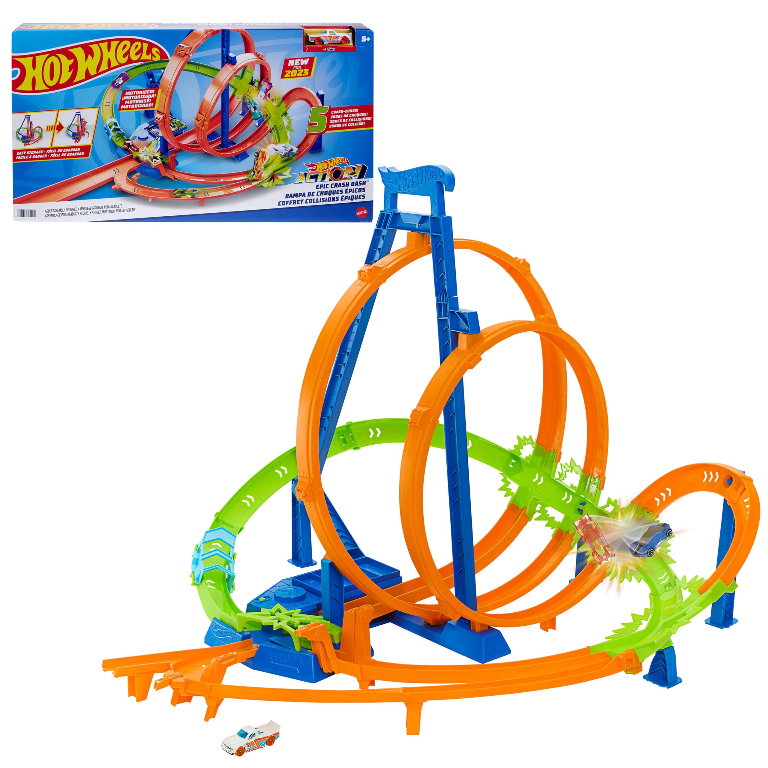 Hot Wheels -Trackset, Episches Crash-Rennen mit 5 Crash-Zonen, motorisiertem Beschleuniger und 1 Hot Wheels Auto im Maßstab 1:64, leicht aufzubewahren, HTP55