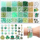 RACIOCK 850Pcs St. Patrick's Day Green Glass Beads for Jewelry Making Kit - 8mm Crystal Round Beads with Gold Spacers & Shamrock Charms for DIY Luck Bracelet Necklace Craft Gifts for Beginner Adults
