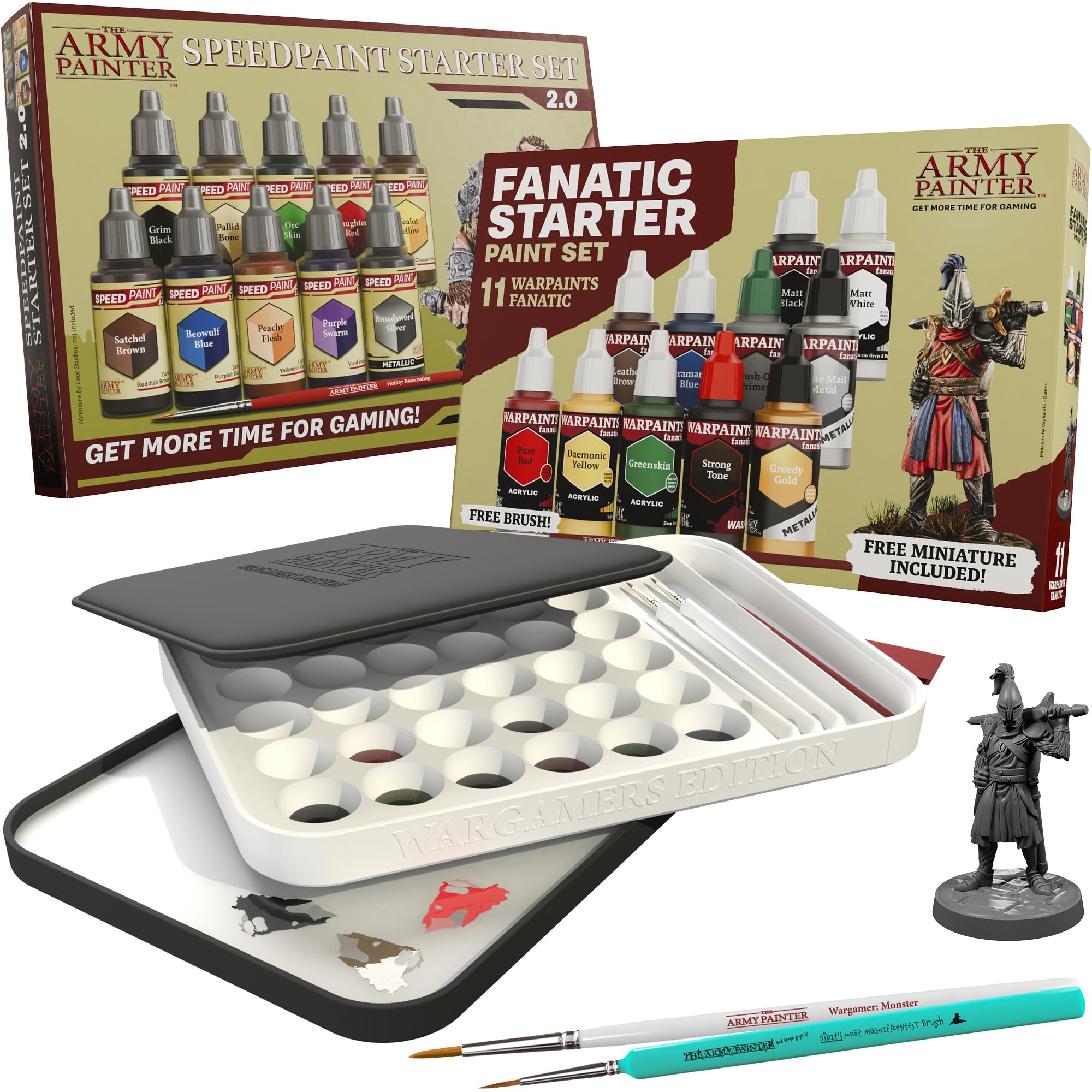 The Army Painter, Starter Bundle Plus+, Beginner paint kit includes: Speedpaint 2.0 & Warpaints Fanatic Starter Set, Wargamers XL Wet Palette & 2 Brushes for DnD & Warhammer