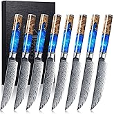 SENKEN Damascus Steak Knife Set - Tsunami Collection - 67-Layer Japanese VG10 Steel - Razor Sharp Non-Serrated Blades, Blue Resin & Natural Wood Pattern Handles, Luxury Gift Box (8 Steak Knife Set)