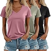 Ficerd 3 Pack Women's V Neck T Shirts, Summer Casual Short Sleeve Tops Loose Fit Rolled Sleeve Tees Trendy Shirts