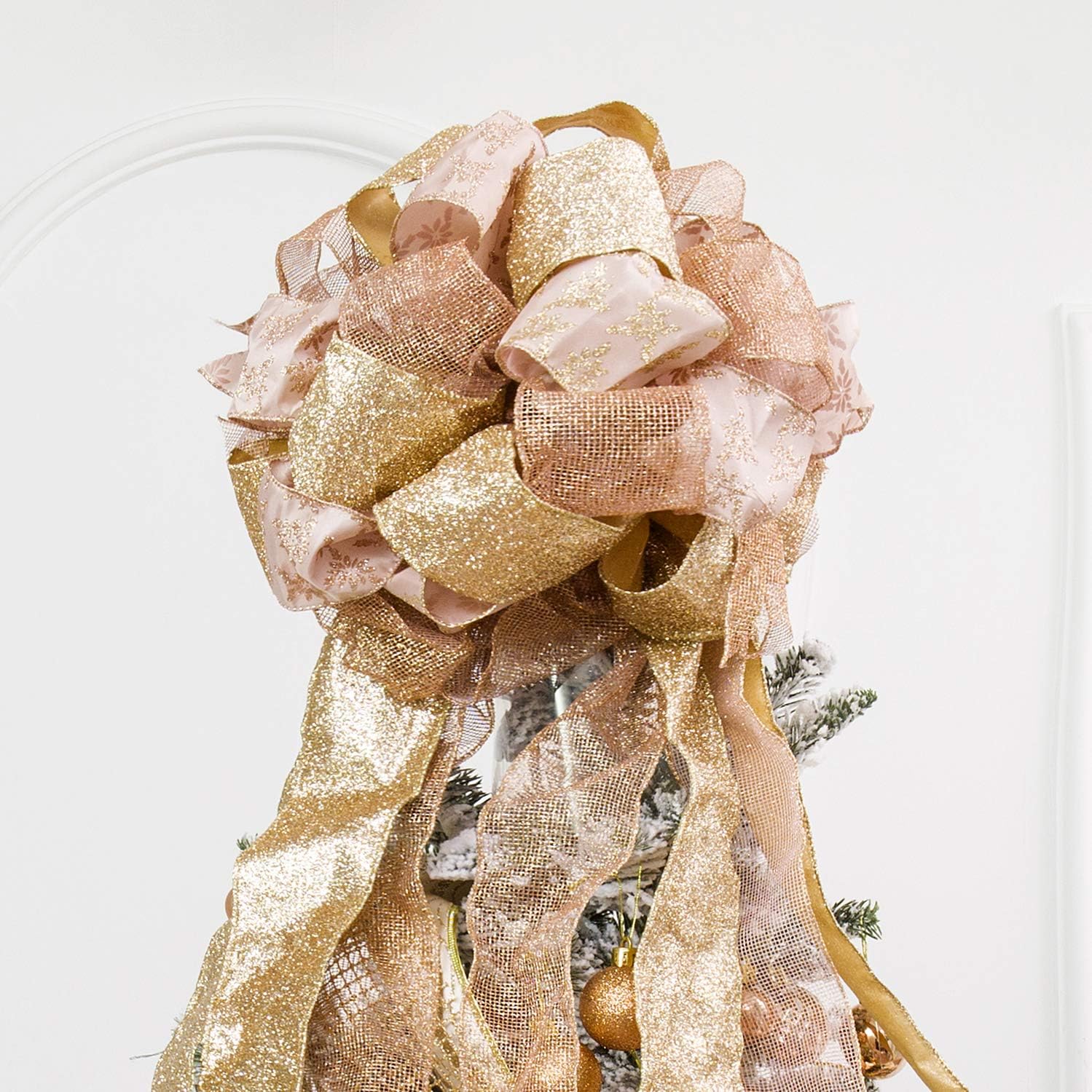 Christmas Tree Topper,Christmas Ornament with Glitter Satin Mesh Streamer,for Your Christmas Decor & Gift(Rose-Gold)