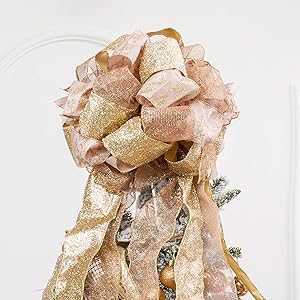 Christmas Tree Topper,Christmas Ornament with Glitter Satin Mesh Streamer,for Your Christmas Decor & Gift(Rose-Gold)