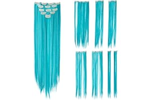 SWACC 7 Pcs Full Head Party Highlights Clip on in Hair Extensions Colored Hair Streak Synthetic Hairpieces (22-Inch Straight, Teal Blue)