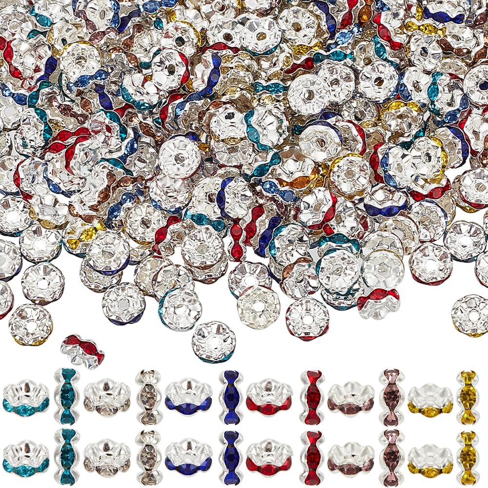 SOFPLATE 1 Box 400Pcs Random Color Rhinestone Spacer Beads 8mm Crystal Rondelle Beads Wavy Edge Brass Acrylic Loose Wave Bead for jewellery Making Supplies DIY Necklaces Bracelets Earrings Beaded Pens