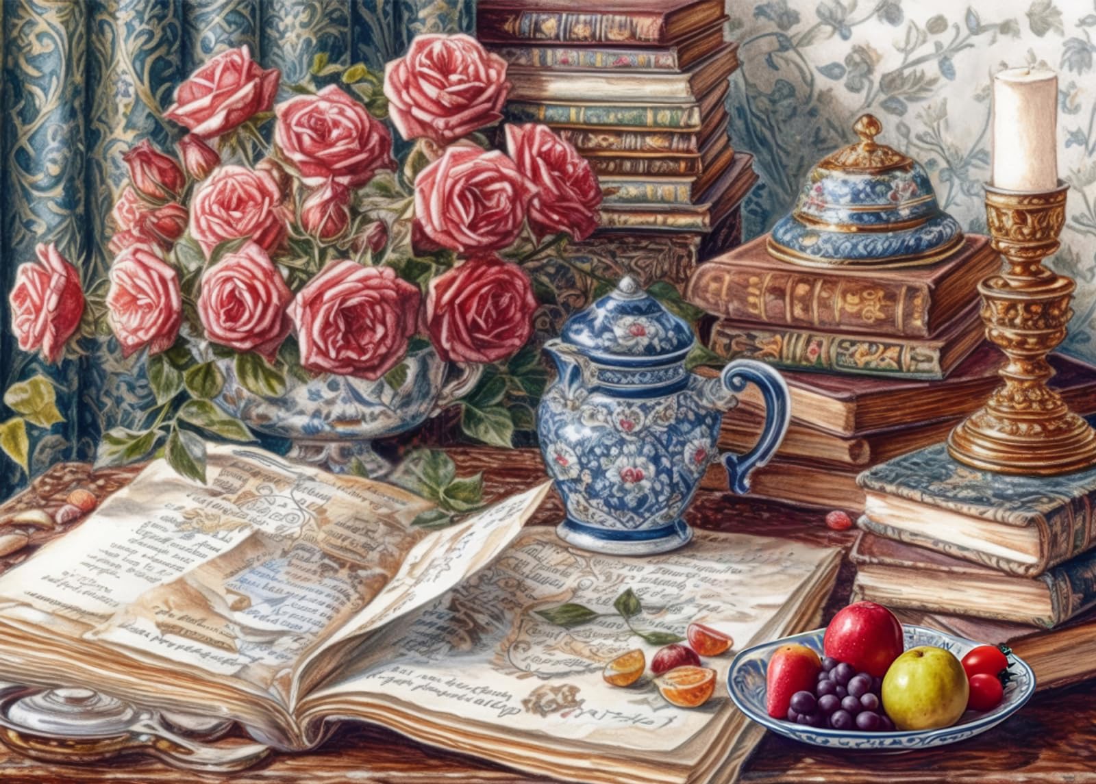 Bullglesup Jigsaw Puzzles for Adults 1000 Pieces, Books and Roses with Poster Interlock Perfectly Letter on Back No Dust, Home Decor Birthday Party Gift Toy for Men Women Elders Seniors (27.5"x19.6")