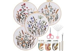 Ohcol 4 Sets Embroidery Kit for Beginners Cross Stitch Kits Needlepoint Kits Crafts for Adults with 2 Embroidery Hoops Easy-to-Follow Operating Instructions,Needle Point Kits with Flowers Patterns