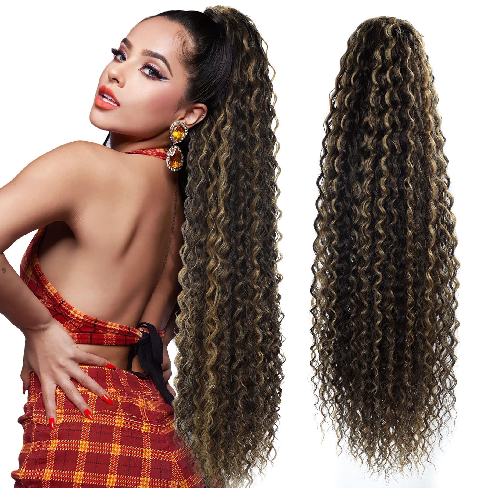 BHF Drawstring Ponytail Extension, 30 inch Long Curly Ponytail Hair Extension Synthetic Hairpiece for black Women (#P4/27,30inch)