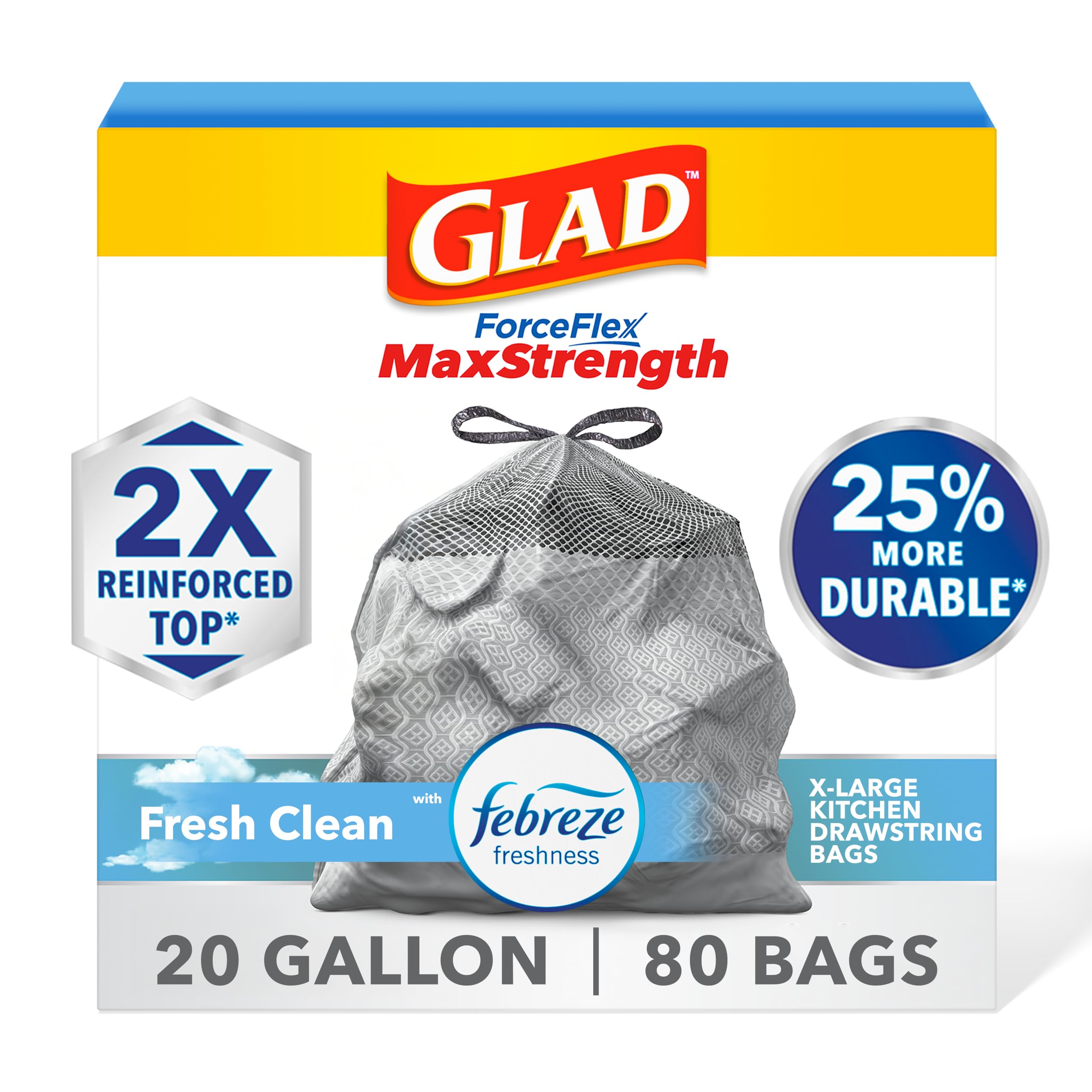 Photo 1 of Glad ForceFlex MaxStrength Kitchen Trash Bags, 20 Gal, Fresh Clean Febreze, 80 Ct (Package May Vary)