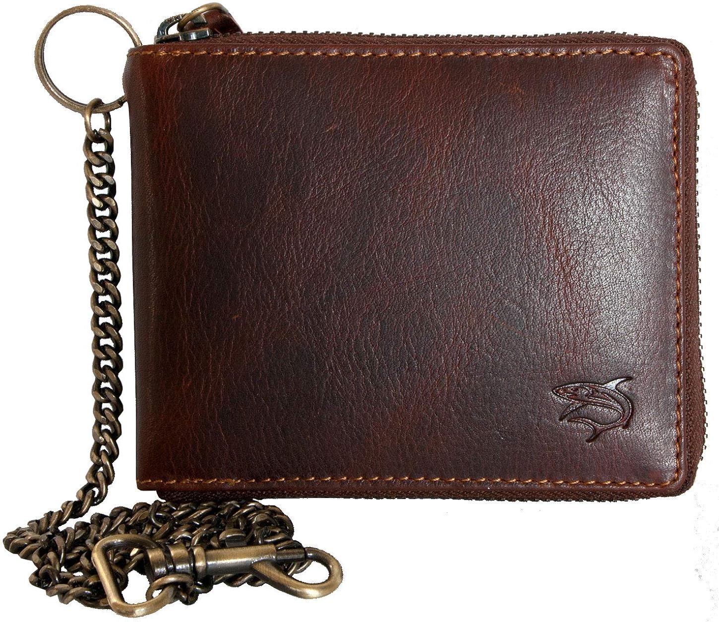 FLW Natural genuine leather biker's wallet with a metal chain with a shark, Brown